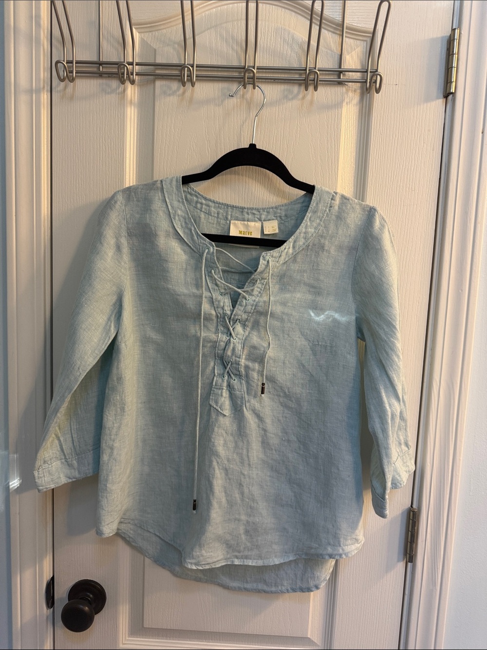 Maeve Light Blue Lace-Up Linen Blouse